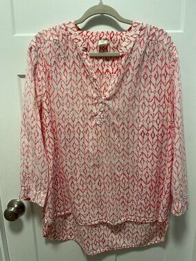 Yala Organic Cotton Ikat Diamond Henley Split V Neck Tunic Blouse Top Pink XL